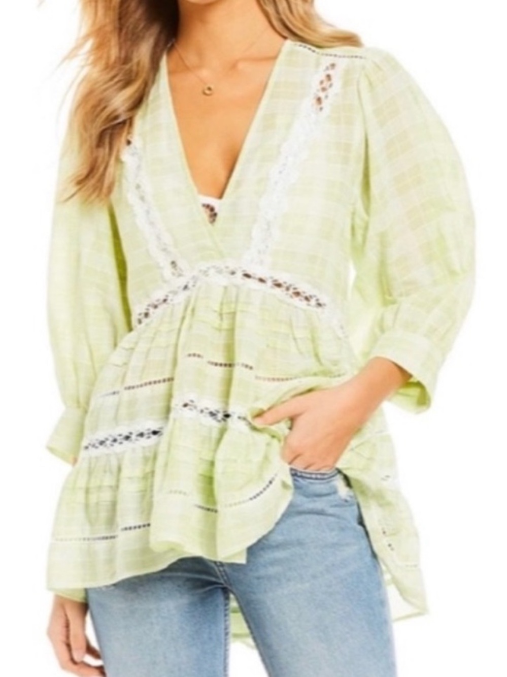 NWT Free People time out Light Green Lace-Trim V-Neck Tunic in like combo S/M